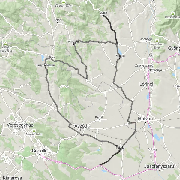 Map miniature of "Discovering Buják Road Cycling Route" cycling inspiration in Észak-Magyarország, Hungary. Generated by Tarmacs.app cycling route planner