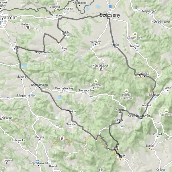 Map miniature of "Terény and Hollókő: Road Adventure" cycling inspiration in Észak-Magyarország, Hungary. Generated by Tarmacs.app cycling route planner