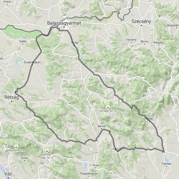 Map miniature of "Buják Circular Road Cycling Route" cycling inspiration in Észak-Magyarország, Hungary. Generated by Tarmacs.app cycling route planner