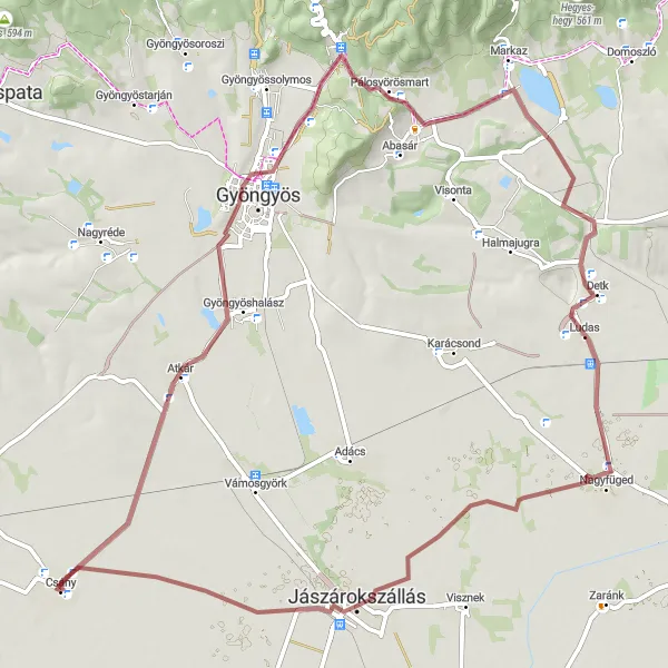 Map miniature of "Exploring Csány's Gravel Trails" cycling inspiration in Észak-Magyarország, Hungary. Generated by Tarmacs.app cycling route planner