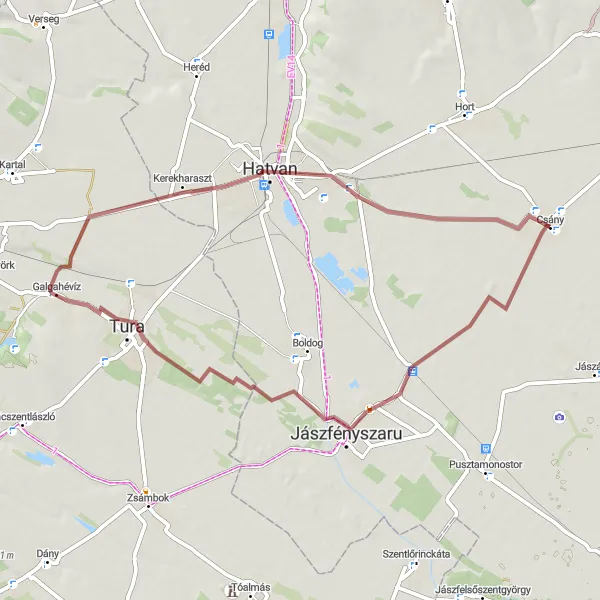 Map miniature of "Gravel Explorations: Csany to Hatvan" cycling inspiration in Észak-Magyarország, Hungary. Generated by Tarmacs.app cycling route planner