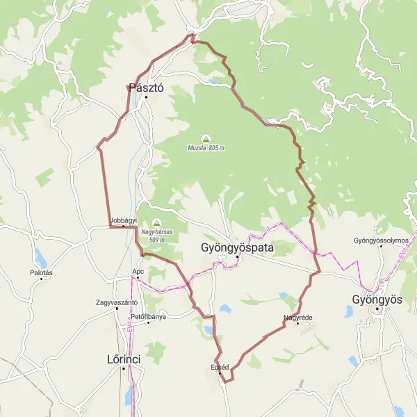 Map miniature of "Gravel Adventure in the Matra Mountains" cycling inspiration in Észak-Magyarország, Hungary. Generated by Tarmacs.app cycling route planner