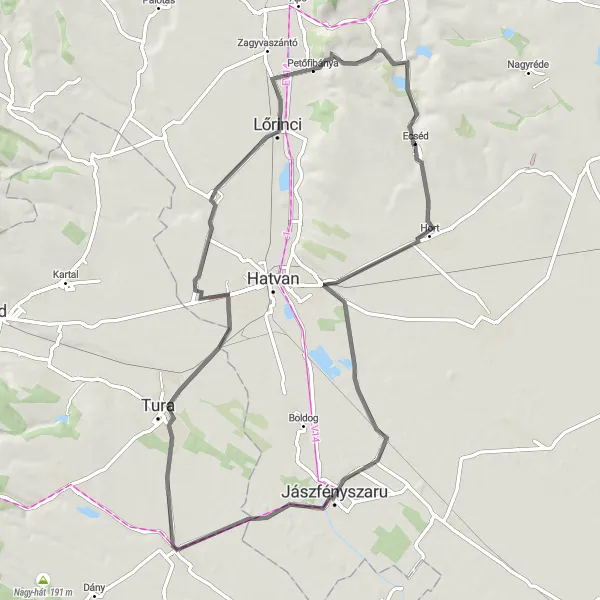 Map miniature of "Ecséd to Hort Loop" cycling inspiration in Észak-Magyarország, Hungary. Generated by Tarmacs.app cycling route planner