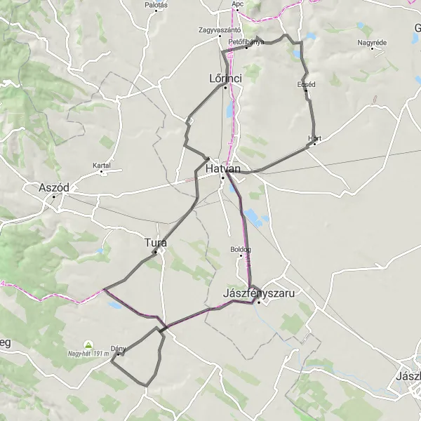 Map miniature of "Ecséd to Vácszentlászló Adventure" cycling inspiration in Észak-Magyarország, Hungary. Generated by Tarmacs.app cycling route planner