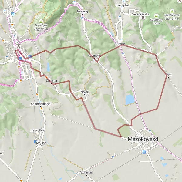 Map miniature of "Gravel Adventure to Sugaró-tető" cycling inspiration in Észak-Magyarország, Hungary. Generated by Tarmacs.app cycling route planner