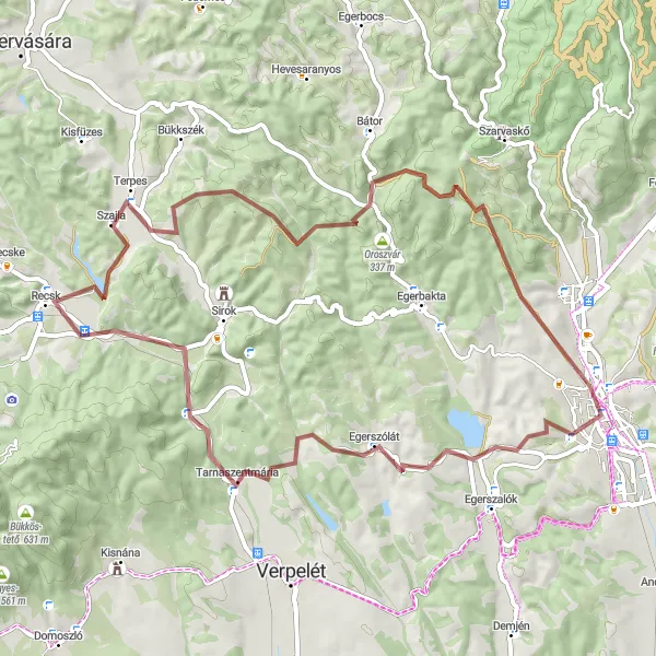 Map miniature of "Gravel-Tour durch die landschaftliche Schönheit von Eger" cycling inspiration in Észak-Magyarország, Hungary. Generated by Tarmacs.app cycling route planner