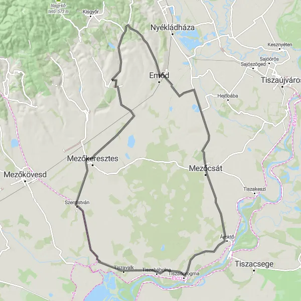 Map miniature of "Scenic Route to Mezőkeresztes" cycling inspiration in Észak-Magyarország, Hungary. Generated by Tarmacs.app cycling route planner