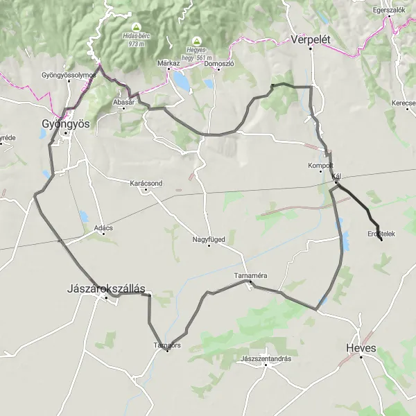 Map miniature of "Gyöngyös Hilly Loop" cycling inspiration in Észak-Magyarország, Hungary. Generated by Tarmacs.app cycling route planner