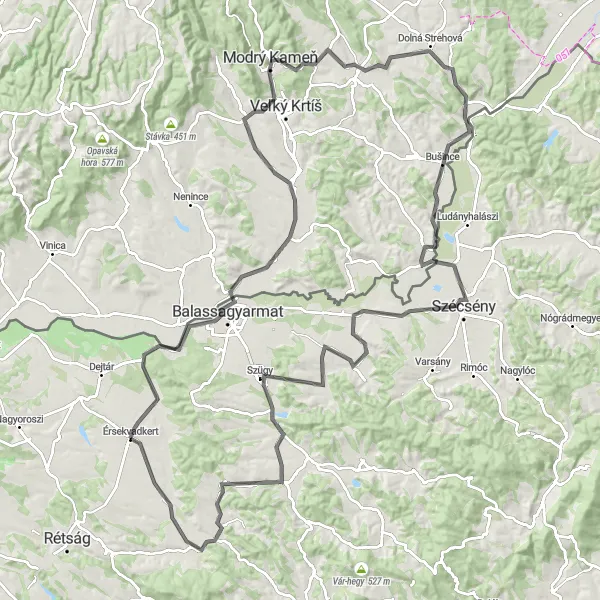 Map miniature of "Road Cycling Adventure - Érsekvadkert to Modrý Kameň" cycling inspiration in Észak-Magyarország, Hungary. Generated by Tarmacs.app cycling route planner