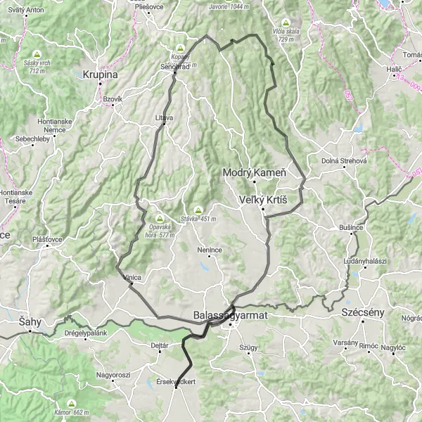 Map miniature of "From Érsekvadkert to Balassagyarmat Circular Route" cycling inspiration in Észak-Magyarország, Hungary. Generated by Tarmacs.app cycling route planner