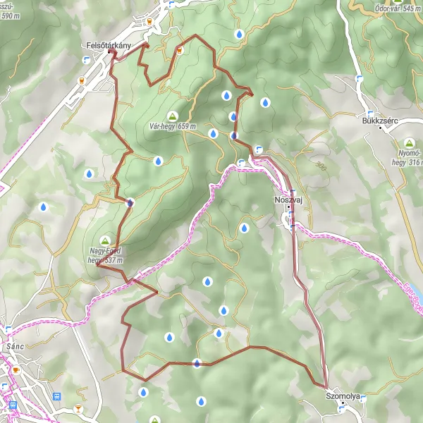Map miniature of "Gravel Adventure in Felsőtárkány" cycling inspiration in Észak-Magyarország, Hungary. Generated by Tarmacs.app cycling route planner