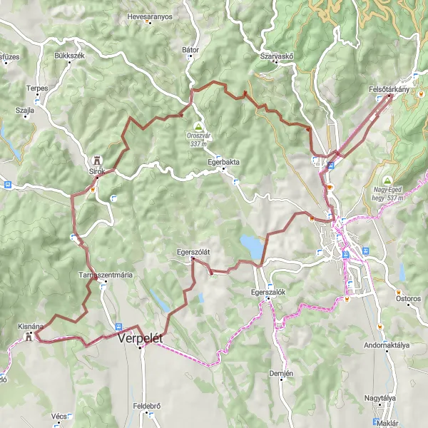 Map miniature of "Egerszalók and Sirok Gravel Challenge" cycling inspiration in Észak-Magyarország, Hungary. Generated by Tarmacs.app cycling route planner