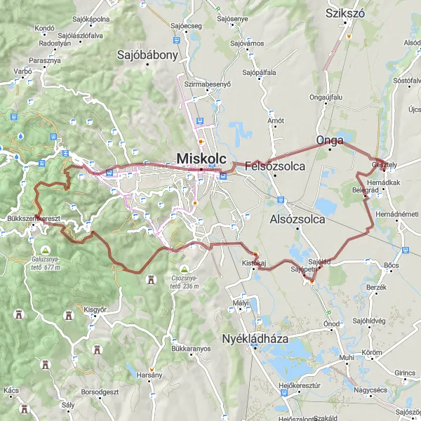 Map miniature of "Gravel Adventure to Sajópetri" cycling inspiration in Észak-Magyarország, Hungary. Generated by Tarmacs.app cycling route planner