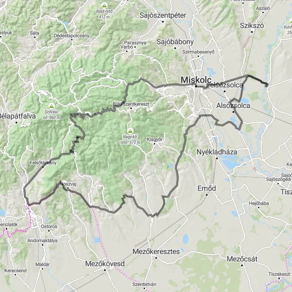 Map miniature of "The Hills and Valleys of Alsózsolca" cycling inspiration in Észak-Magyarország, Hungary. Generated by Tarmacs.app cycling route planner