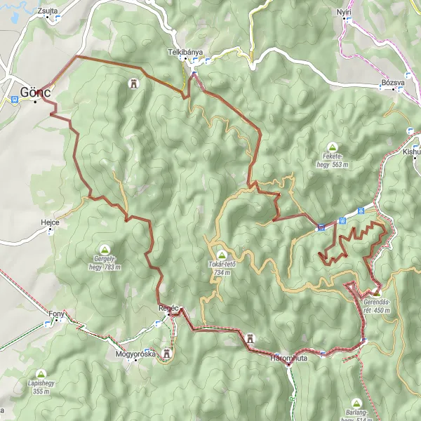 Map miniature of "Gems of Gönc Gravel Tour" cycling inspiration in Észak-Magyarország, Hungary. Generated by Tarmacs.app cycling route planner