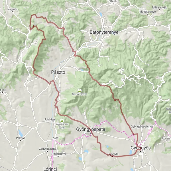 Map miniature of "Gyongyos Gravel Adventure" cycling inspiration in Észak-Magyarország, Hungary. Generated by Tarmacs.app cycling route planner