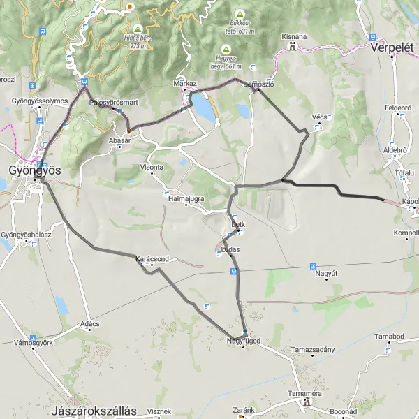 Map miniature of "Pipis-Hegy Road Ride" cycling inspiration in Észak-Magyarország, Hungary. Generated by Tarmacs.app cycling route planner