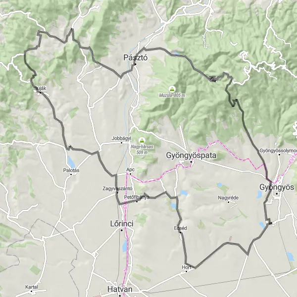 Map miniature of "Gyöngyöshalász - Mátrakeresztes Epic Route" cycling inspiration in Észak-Magyarország, Hungary. Generated by Tarmacs.app cycling route planner