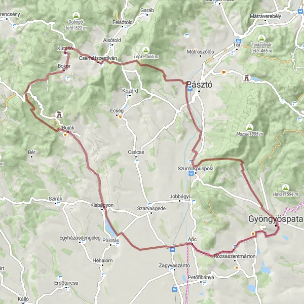 Map miniature of "Szűcsi and Kopasz-hegy Gravel Cycling Route" cycling inspiration in Észak-Magyarország, Hungary. Generated by Tarmacs.app cycling route planner