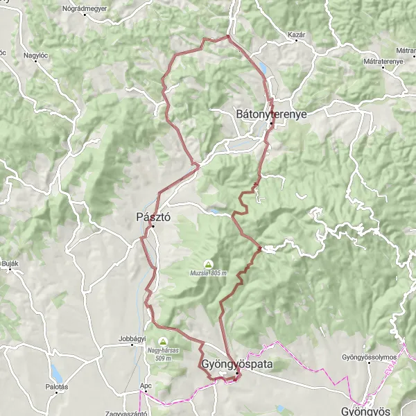 Map miniature of "Gyöngyöspata - Kis-hegy - Zagyvaszentjakab - Sámsonháza - Mérges - Kisterenye - Csalános - Mátrakeresztes - Kecske-kő - Szűcsi - Gyöngyöspata" cycling inspiration in Észak-Magyarország, Hungary. Generated by Tarmacs.app cycling route planner