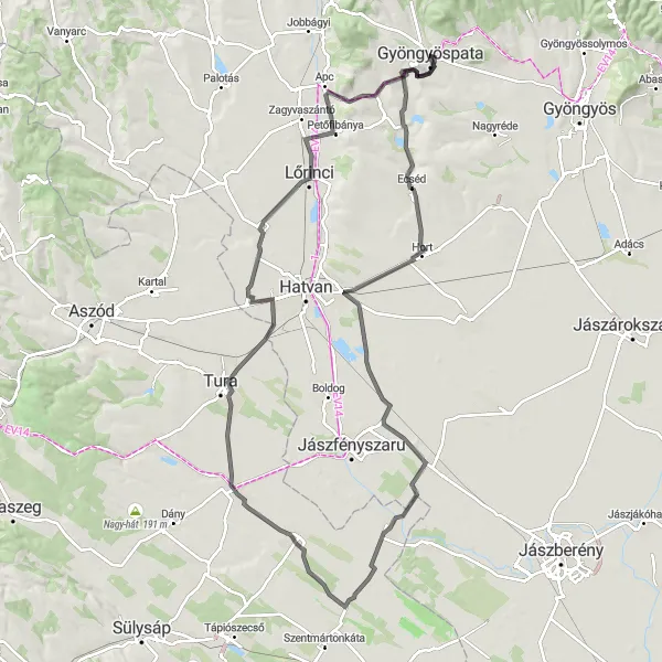 Map miniature of "Kecske-kő and Ecséd Road Cycling Route" cycling inspiration in Észak-Magyarország, Hungary. Generated by Tarmacs.app cycling route planner