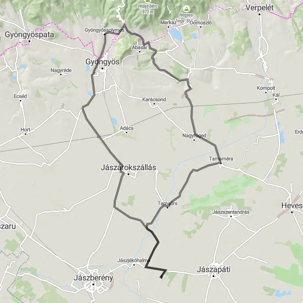 Map miniature of "Journey Through Villages" cycling inspiration in Észak-Magyarország, Hungary. Generated by Tarmacs.app cycling route planner
