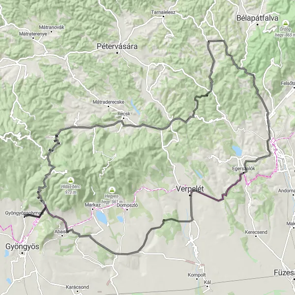 Map miniature of "Mátra Road Adventure" cycling inspiration in Észak-Magyarország, Hungary. Generated by Tarmacs.app cycling route planner