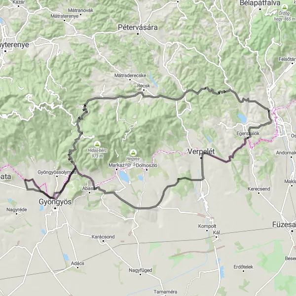 Map miniature of "Gyöngyöstarján - Egerbakta Loop" cycling inspiration in Észak-Magyarország, Hungary. Generated by Tarmacs.app cycling route planner