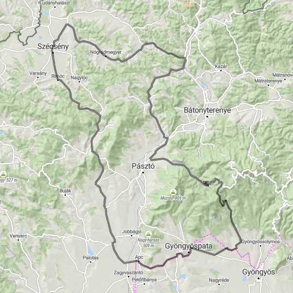 Map miniature of "Challenging Road Cycling Route to Hollókő" cycling inspiration in Észak-Magyarország, Hungary. Generated by Tarmacs.app cycling route planner