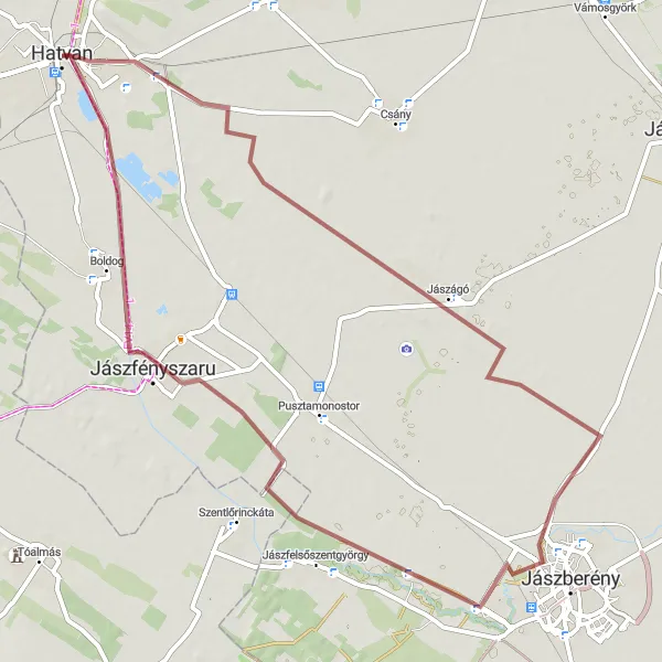 Map miniature of "Jászfényszaru Extended Gravel Adventure" cycling inspiration in Észak-Magyarország, Hungary. Generated by Tarmacs.app cycling route planner