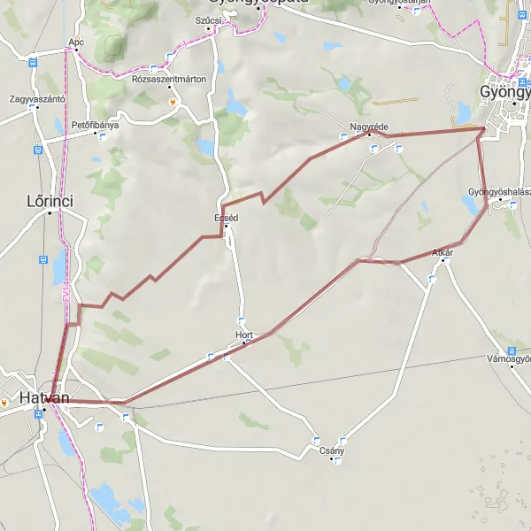 Map miniature of "Gyöngyös Hills Traverse" cycling inspiration in Észak-Magyarország, Hungary. Generated by Tarmacs.app cycling route planner