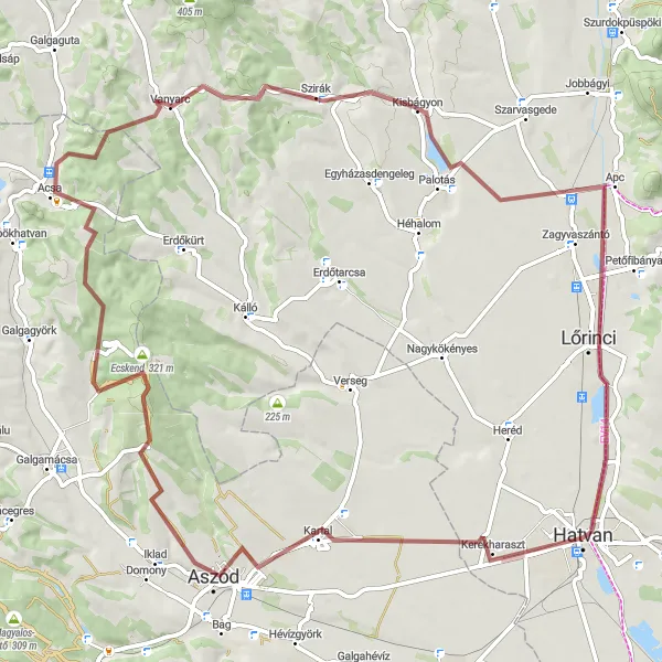 Map miniature of "Hatvan to Aszod" cycling inspiration in Észak-Magyarország, Hungary. Generated by Tarmacs.app cycling route planner