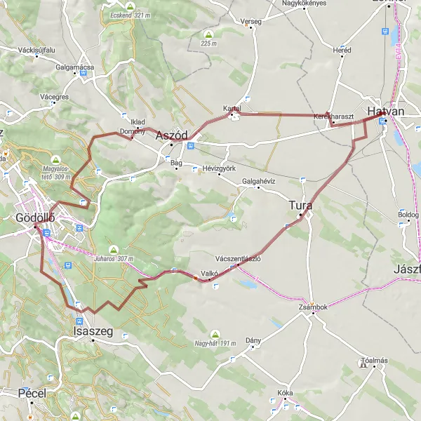 Map miniature of "Hatvan to Valko" cycling inspiration in Észak-Magyarország, Hungary. Generated by Tarmacs.app cycling route planner