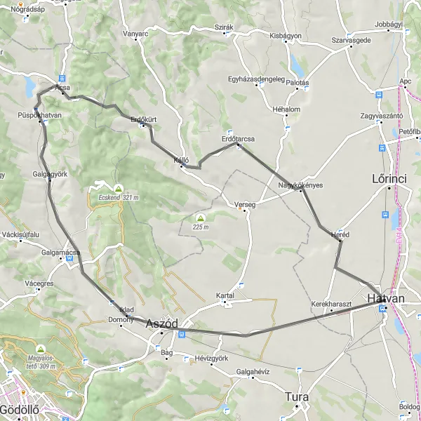 Map miniature of "Hatvan to Hered" cycling inspiration in Észak-Magyarország, Hungary. Generated by Tarmacs.app cycling route planner