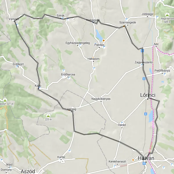 Map miniature of "Hatvan to Nagygombos" cycling inspiration in Észak-Magyarország, Hungary. Generated by Tarmacs.app cycling route planner