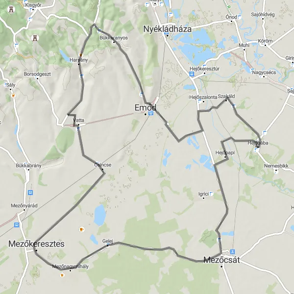 Map miniature of "Road Cycling Adventure to Szakáld" cycling inspiration in Észak-Magyarország, Hungary. Generated by Tarmacs.app cycling route planner