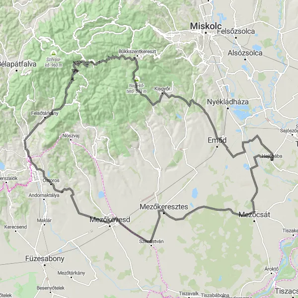 Map miniature of "Challenging Road Ride through Northern Hungary" cycling inspiration in Észak-Magyarország, Hungary. Generated by Tarmacs.app cycling route planner