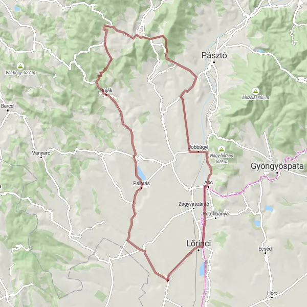 Map miniature of "Gravel Route to Palotás via Mogyorós-hegy" cycling inspiration in Észak-Magyarország, Hungary. Generated by Tarmacs.app cycling route planner