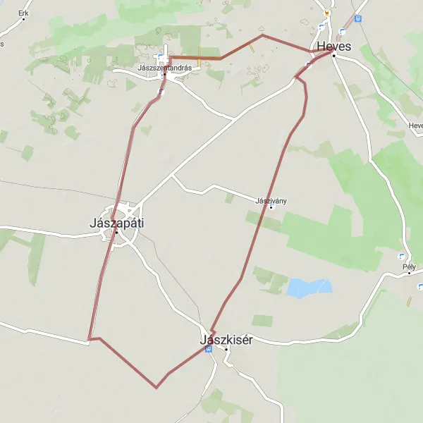 Map miniature of "Heves - Jászkisér - Jászapáti - Jászszentandrás - Reményik-kúria" cycling inspiration in Észak-Magyarország, Hungary. Generated by Tarmacs.app cycling route planner