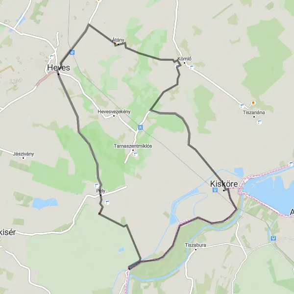 Map miniature of "The Kömlő Loop" cycling inspiration in Észak-Magyarország, Hungary. Generated by Tarmacs.app cycling route planner