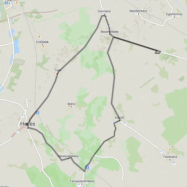 Map miniature of "The Hevesvezekény Ride" cycling inspiration in Észak-Magyarország, Hungary. Generated by Tarmacs.app cycling route planner