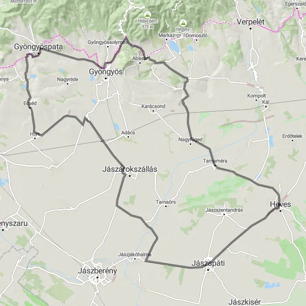 Map miniature of "Heves - Jászapáti - Jászdózsa - Atkár - Ecséd - Kecske-kő - Gyöngyös - Pipis-hegy - Ludas - Boconád - Reményik-kúria" cycling inspiration in Észak-Magyarország, Hungary. Generated by Tarmacs.app cycling route planner