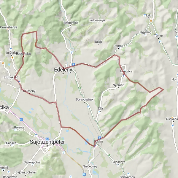 Map miniature of "Gravel Route to Edelény" cycling inspiration in Észak-Magyarország, Hungary. Generated by Tarmacs.app cycling route planner