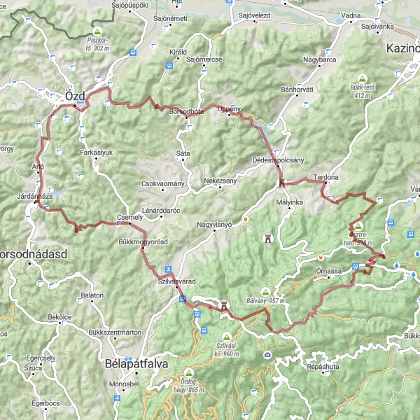 Map miniature of "Borsodbóta Gravel Adventure" cycling inspiration in Észak-Magyarország, Hungary. Generated by Tarmacs.app cycling route planner