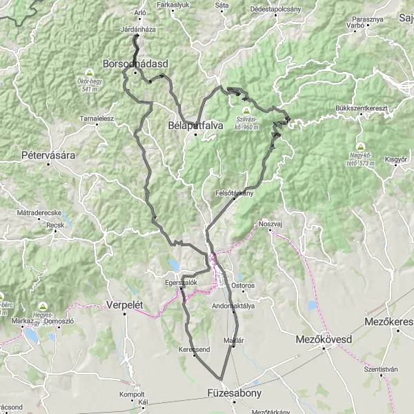 Map miniature of "Járdánháza to Bükk-tető Road Cycling Route" cycling inspiration in Észak-Magyarország, Hungary. Generated by Tarmacs.app cycling route planner