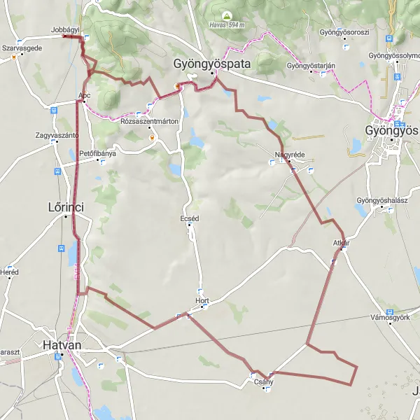 Map miniature of "Scenic Gravel Expedition near Jobbágyi" cycling inspiration in Észak-Magyarország, Hungary. Generated by Tarmacs.app cycling route planner