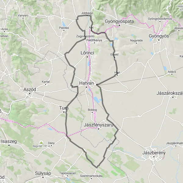 Map miniature of "Road Cycling Adventure near Jobbágyi" cycling inspiration in Észak-Magyarország, Hungary. Generated by Tarmacs.app cycling route planner