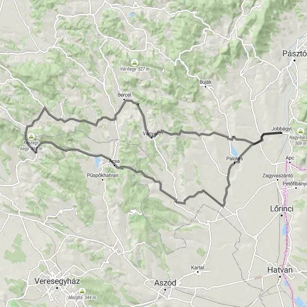 Map miniature of "Exploring the Natural Beauty Near Jobbágyi" cycling inspiration in Észak-Magyarország, Hungary. Generated by Tarmacs.app cycling route planner