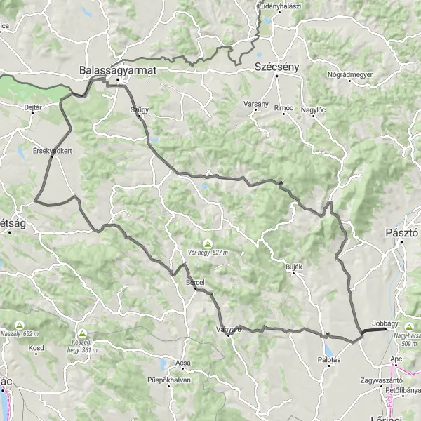 Map miniature of "Challenging Road Loop near Jobbágyi" cycling inspiration in Észak-Magyarország, Hungary. Generated by Tarmacs.app cycling route planner