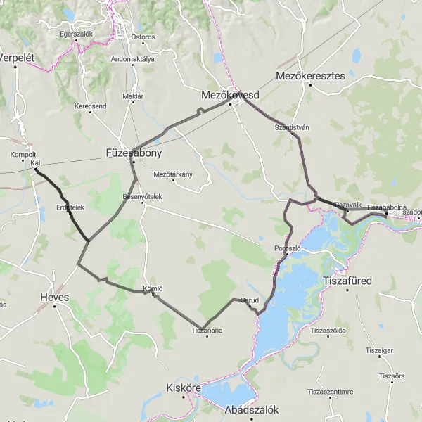 Map miniature of "Mezőkövesd Explorer" cycling inspiration in Észak-Magyarország, Hungary. Generated by Tarmacs.app cycling route planner